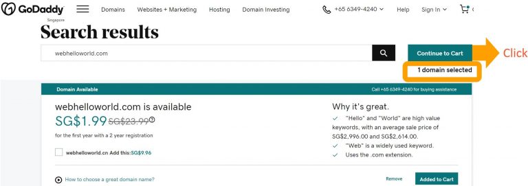 domain name continue to cart godaddy