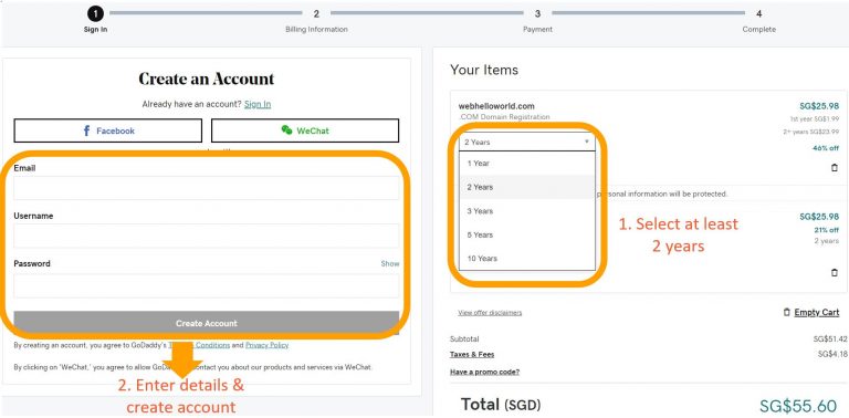 Select domain name duration to own and create an account with GoDaddy​