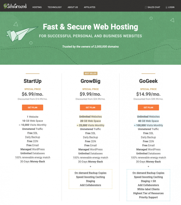 siteground web hosting plans